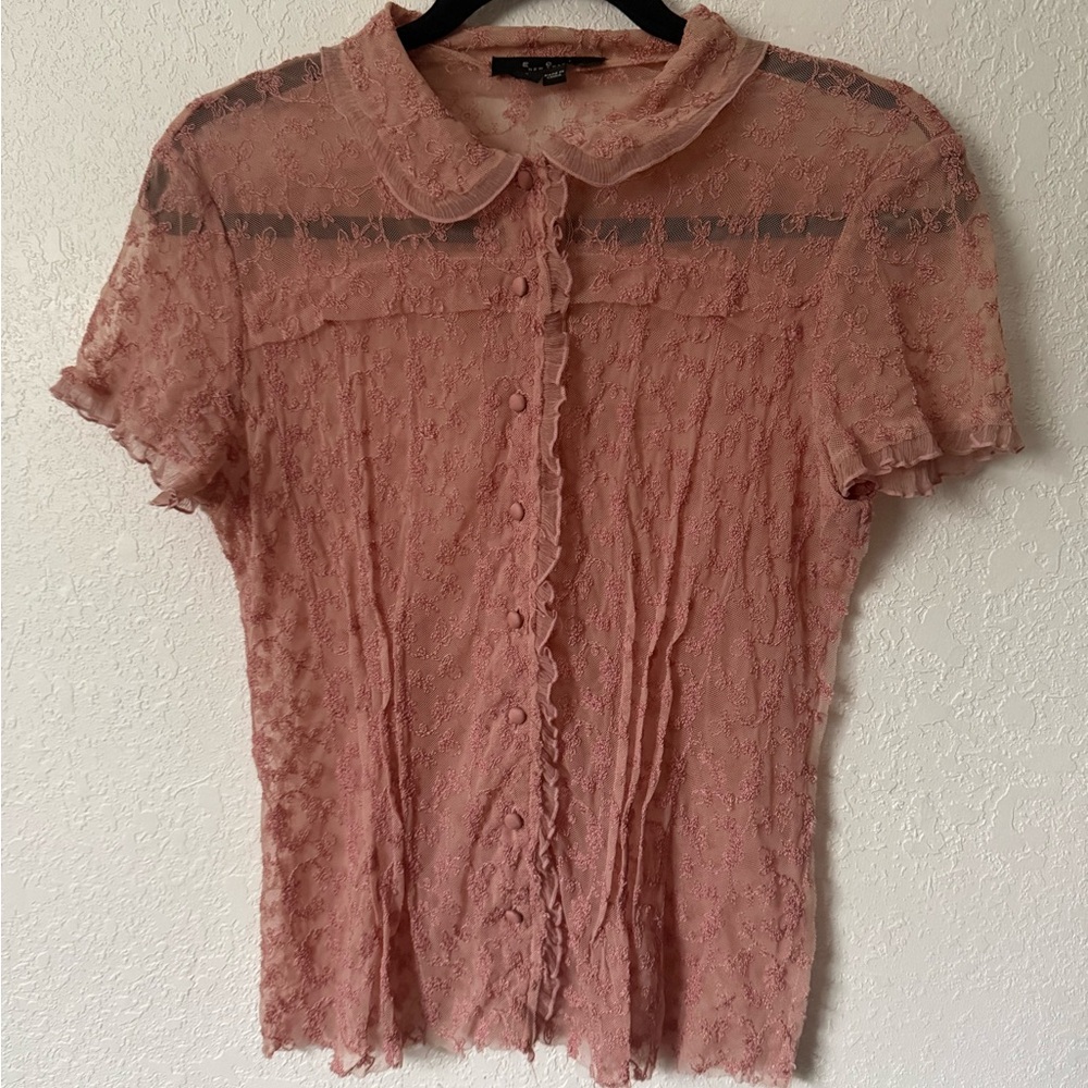 Lace Button-Up Blouse - Pink